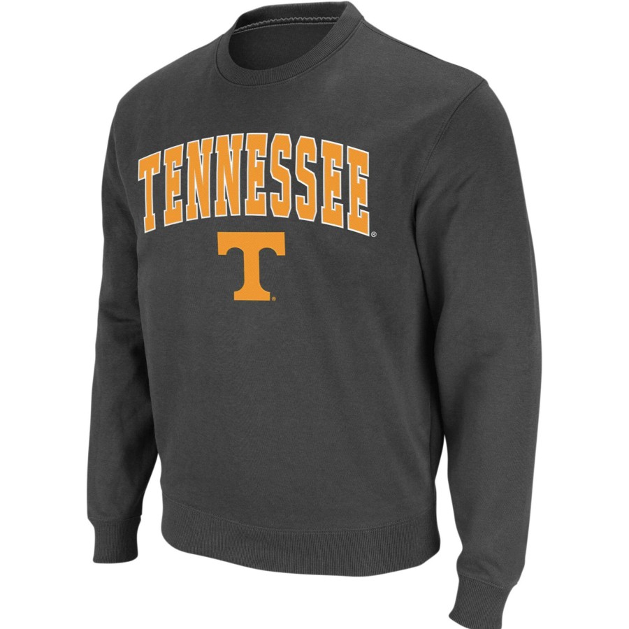 Men * | Online Discount Men'S Colosseum Charcoal Tennessee Volunteers Arch & Logo Crew Neck Sweatshirt