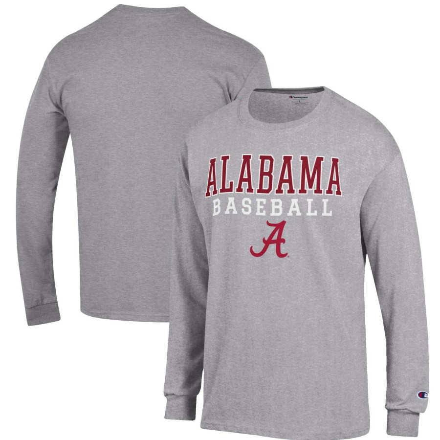 Men * | Reliable Quality Men'S Champion Gray Alabama Crimson Tide Baseball Stack Long Sleeve T-Shirt