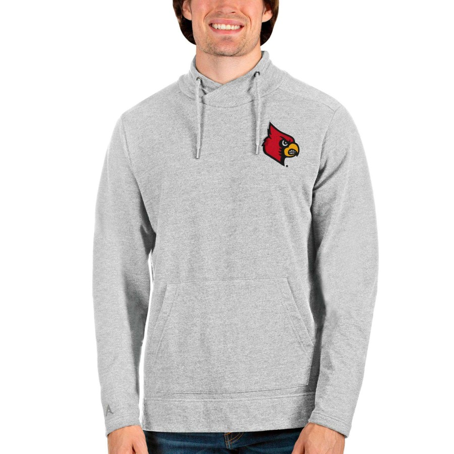 Men * | Tendy Style Men'S Antigua Heathered Gray Louisville Cardinals Reward Crossover Neckline Pullover Sweatshirt