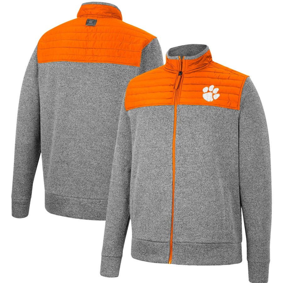 Men * | Bestsellers Men'S Colosseum Gray/Orange Clemson Tigers Putter Herringbone Full-Zip Jacket