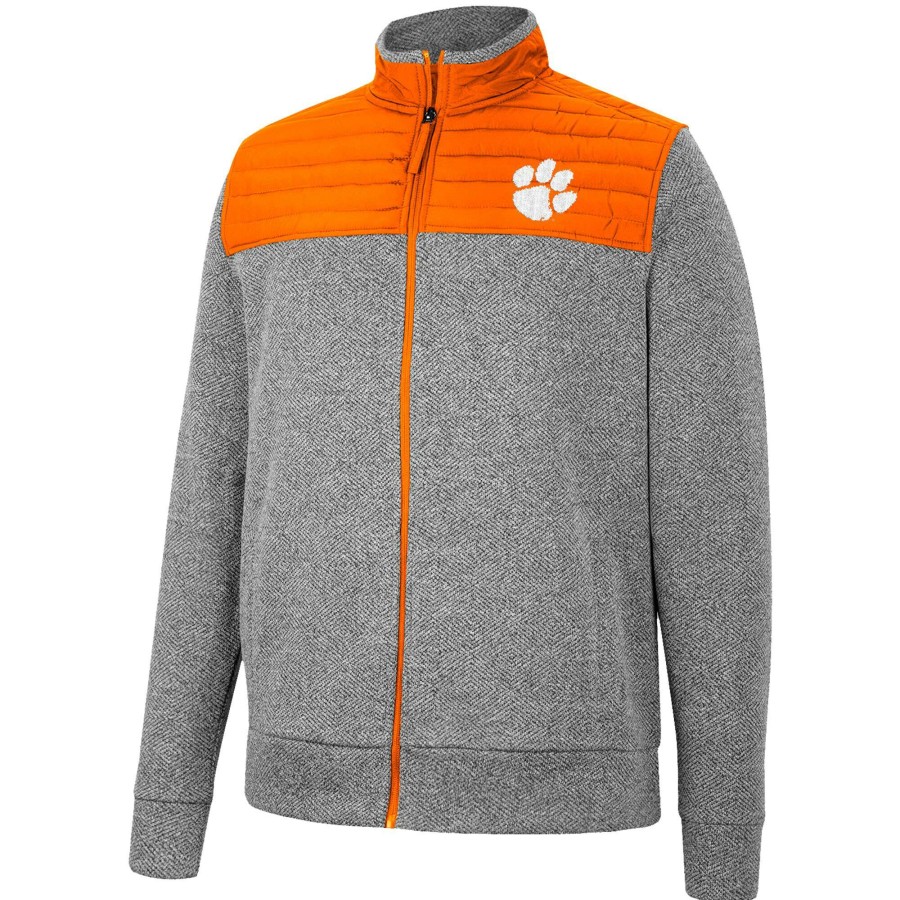 Men * | Bestsellers Men'S Colosseum Gray/Orange Clemson Tigers Putter Herringbone Full-Zip Jacket