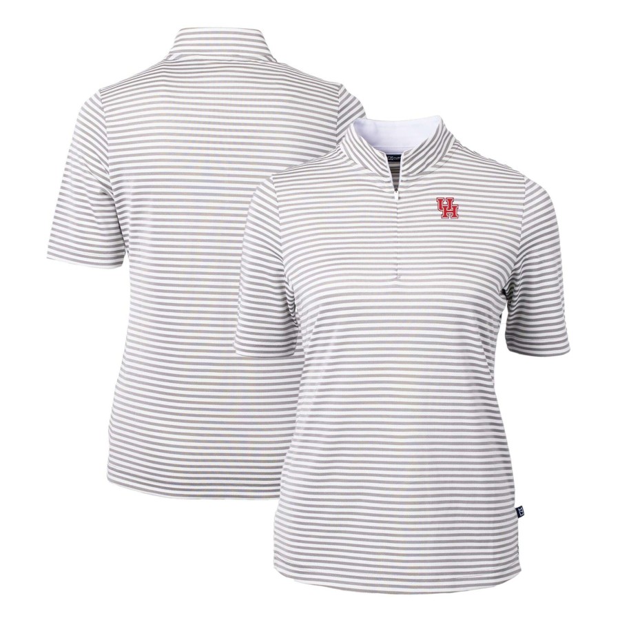 Women * | Original Women'S Cutter & Buck Gray Houston Cougars Drytec Virtue Eco Pique Stripe Recycled Polo