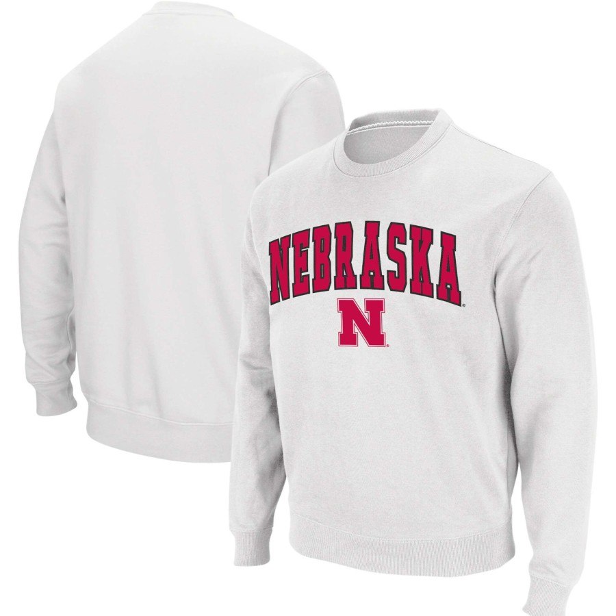 Men * | Limited Edition Men'S Colosseum White Nebraska Huskers Arch & Logo Crew Neck Sweatshirt