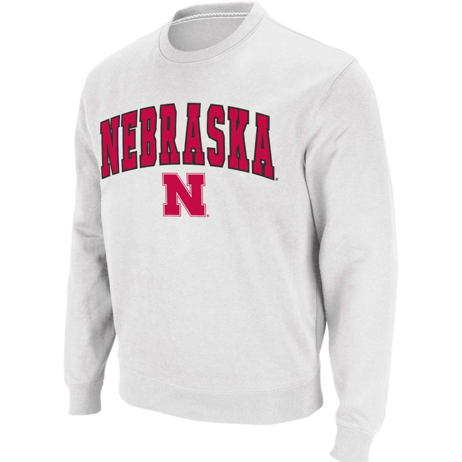 Men * | Limited Edition Men'S Colosseum White Nebraska Huskers Arch & Logo Crew Neck Sweatshirt