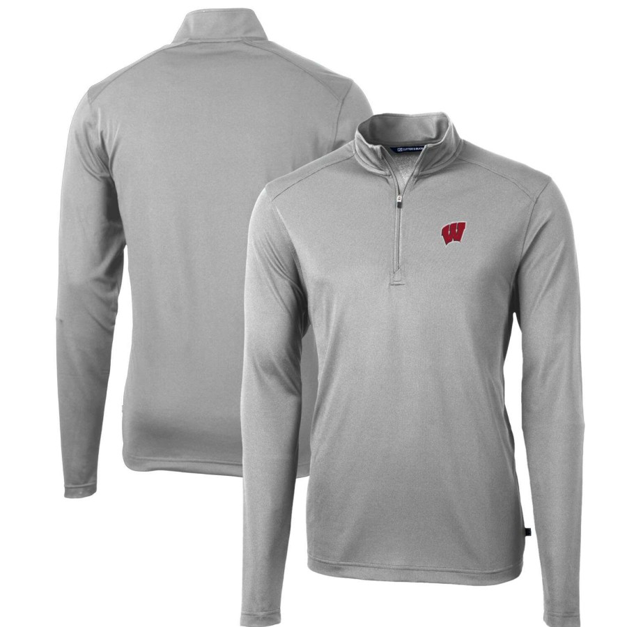 Men * | Tendy Style Men'S Cutter & Buck Gray Wisconsin Badgers Big & Tall Virtue Eco Pique Recycled Quarter-Zip Pullover Top