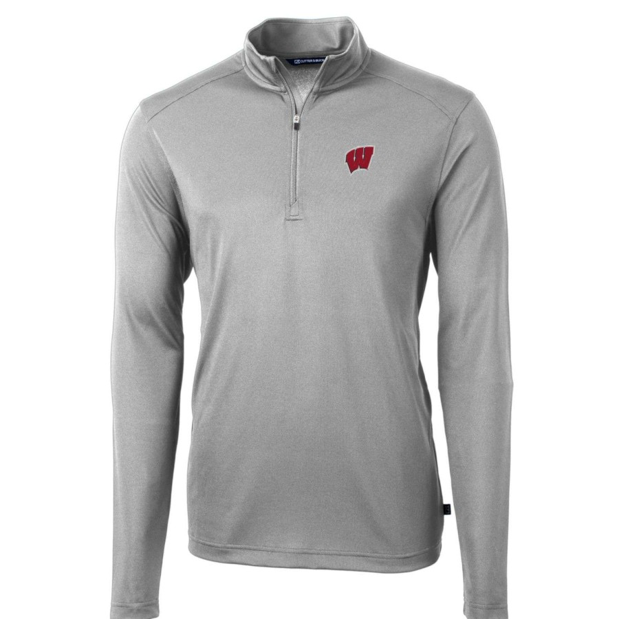 Men * | Tendy Style Men'S Cutter & Buck Gray Wisconsin Badgers Big & Tall Virtue Eco Pique Recycled Quarter-Zip Pullover Top