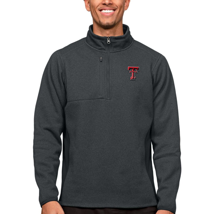 Men * | Hot Sell Men'S Antigua Heather Charcoal Texas Tech Red Raiders Course Quarter-Zip Pullover Top