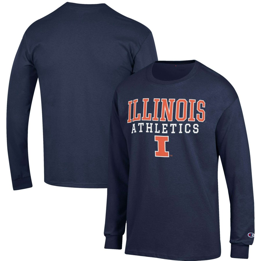 Men * | Discount Store Men'S Champion Navy Illinois Fighting Illini Athletics Logo Stack Long Sleeve T-Shirt