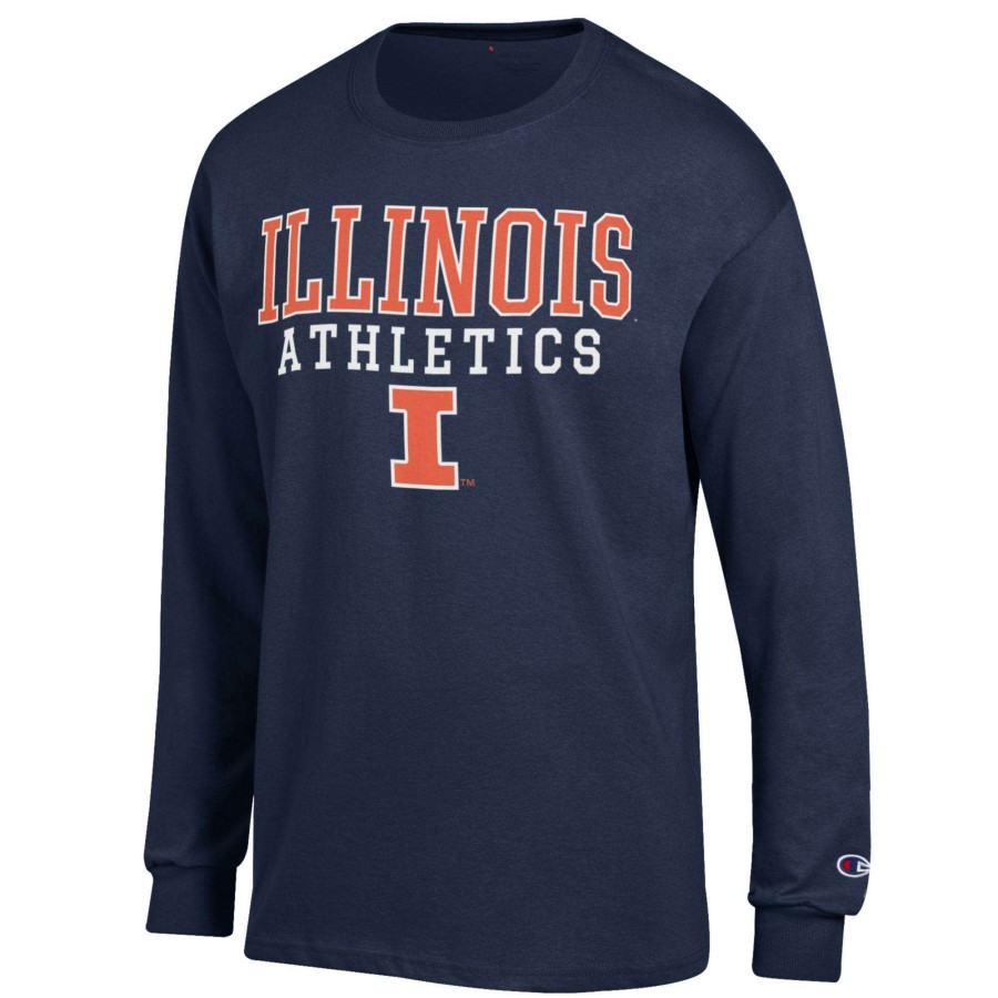 Men * | Discount Store Men'S Champion Navy Illinois Fighting Illini Athletics Logo Stack Long Sleeve T-Shirt