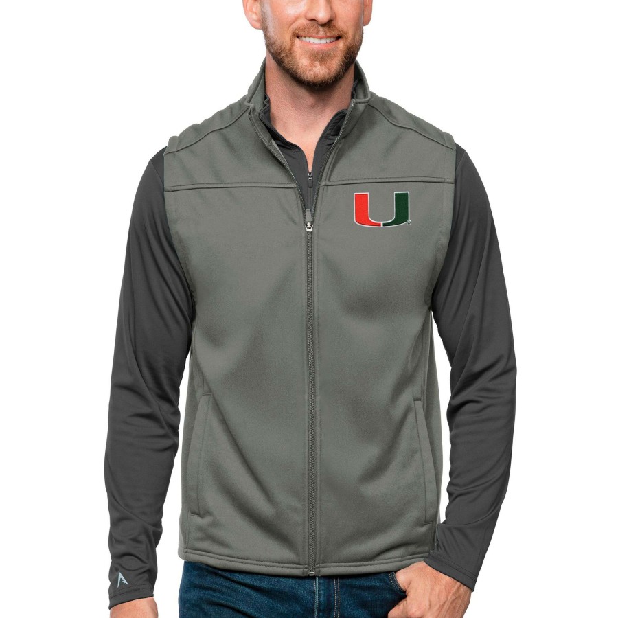 Men * | Original Men'S Antigua Steel Miami Hurricanes Links Full-Zip Golf Vest