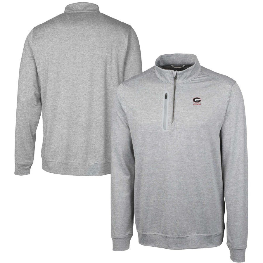 Men * | Bestsellers Men'S Cutter & Buck Gray Georgia Bulldogs Alumni Logo Stealth Heathered Quarter-Zip Pullover Top