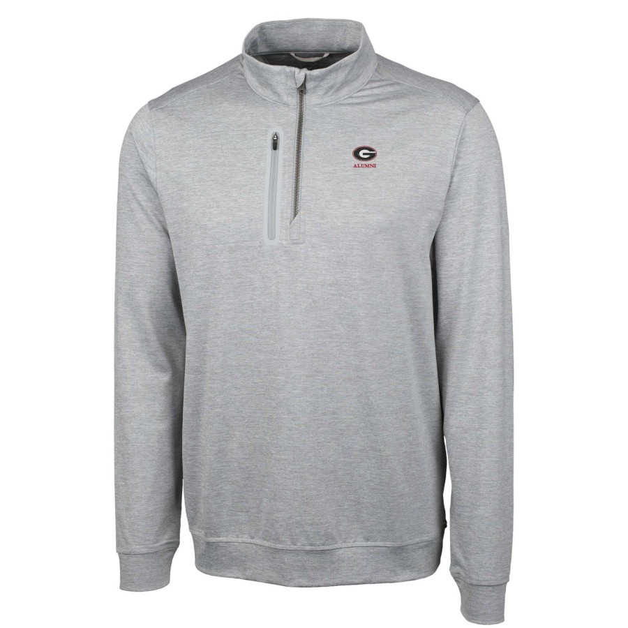 Men * | Bestsellers Men'S Cutter & Buck Gray Georgia Bulldogs Alumni Logo Stealth Heathered Quarter-Zip Pullover Top