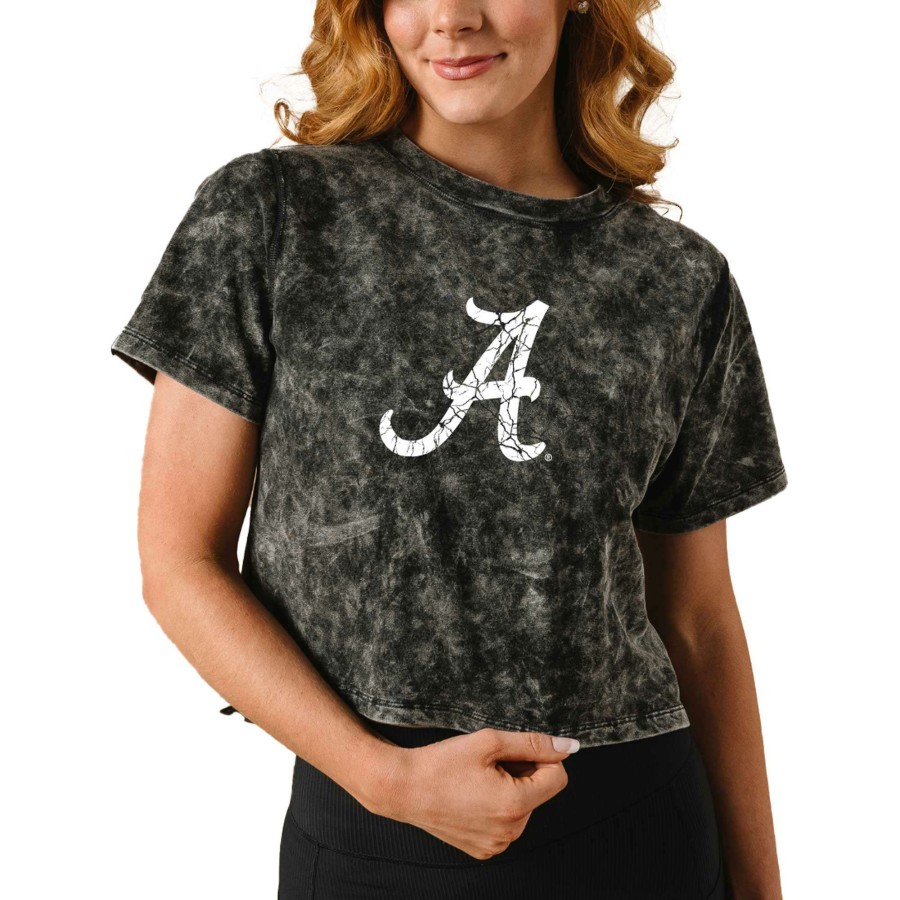 Women * | Discount Store Women'S Black Alabama Crimson Tide Vintage Wash Milky Silk Cropped T-Shirt