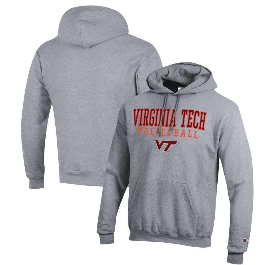 Men * | Hot Sell Men'S Champion Heather Gray Virginia Tech Hokies Stack Logo Volleyball Powerblend Pullover Hoodie