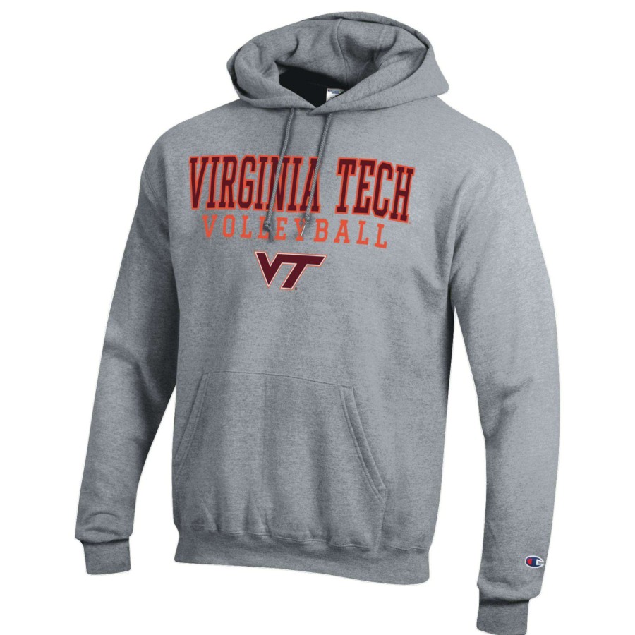 Men * | Hot Sell Men'S Champion Heather Gray Virginia Tech Hokies Stack Logo Volleyball Powerblend Pullover Hoodie