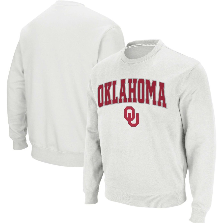 Men * | Discount Store Men'S Colosseum White Oklahoma Sooners Arch & Logo Crew Neck Sweatshirt