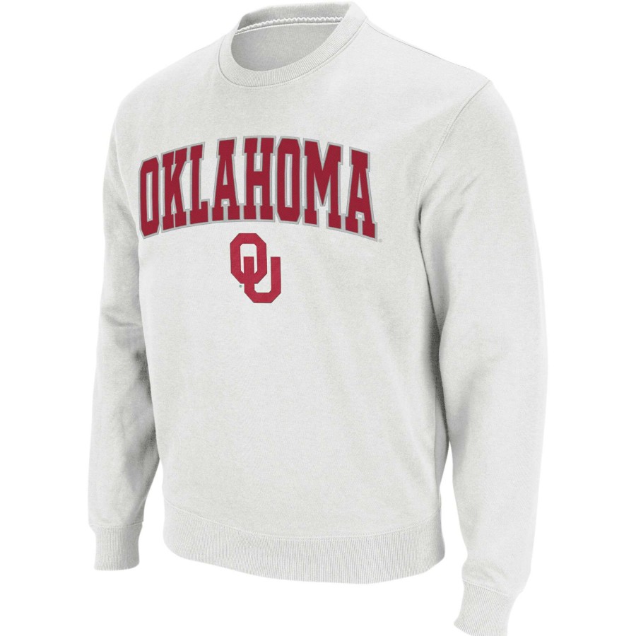 Men * | Discount Store Men'S Colosseum White Oklahoma Sooners Arch & Logo Crew Neck Sweatshirt