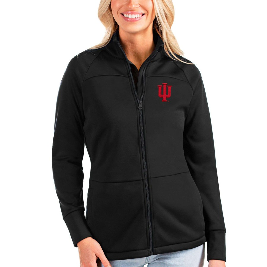 Women * | Best Quality Women'S Antigua Black Indiana Hoosiers Links Full-Zip Golf Jacket