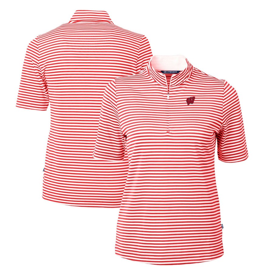 Women * | Reliable Quality Women'S Cutter & Buck Red Wisconsin Badgers Drytec Virtue Eco Pique Stripe Recycled Polo