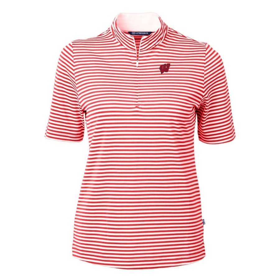 Women * | Reliable Quality Women'S Cutter & Buck Red Wisconsin Badgers Drytec Virtue Eco Pique Stripe Recycled Polo