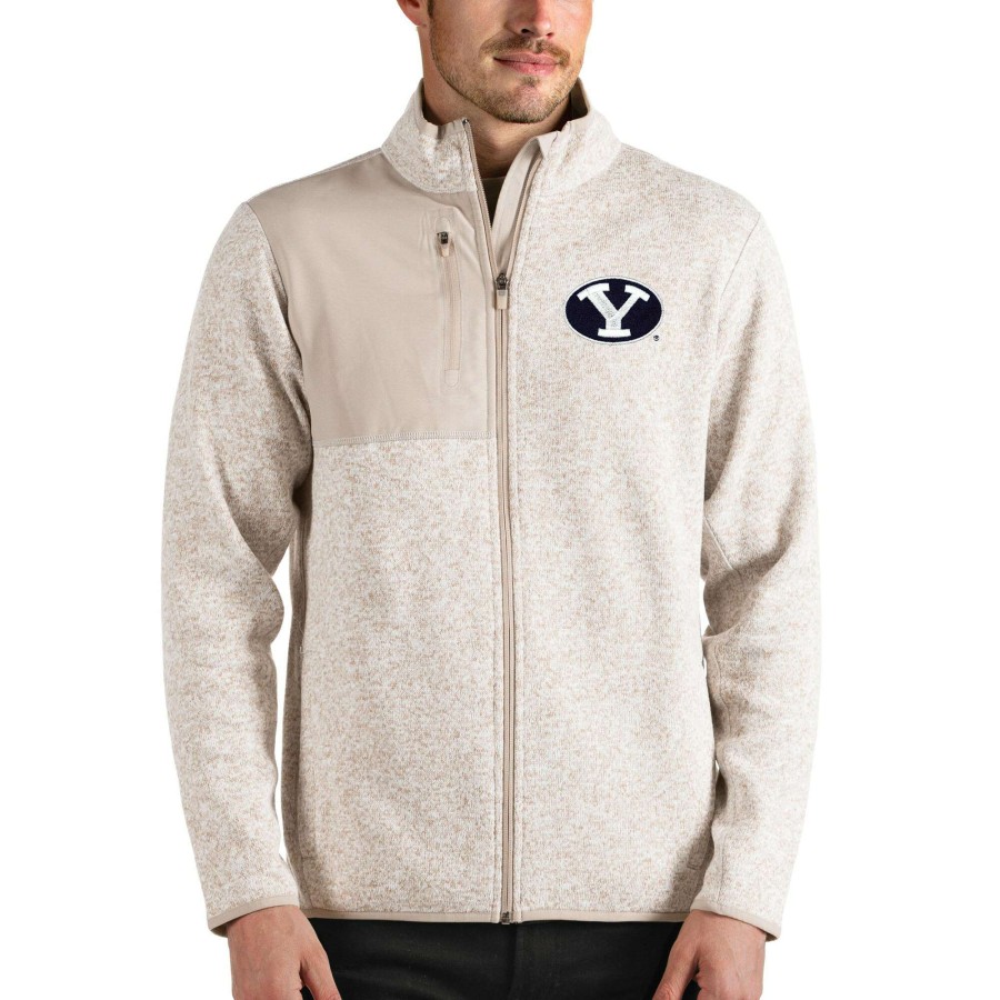 Men * | Limited Edition Men'S Antigua Oatmeal Byu Cougars Fortune Full-Zip Jacket