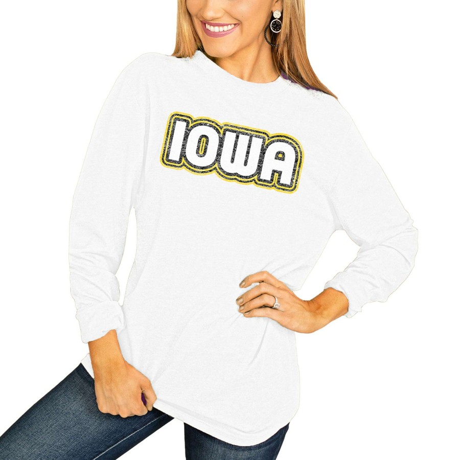 Women * | Good Quality Women'S White Iowa Hawkeyes It'S A Win Vintage Vibe Long Sleeve T-Shirt