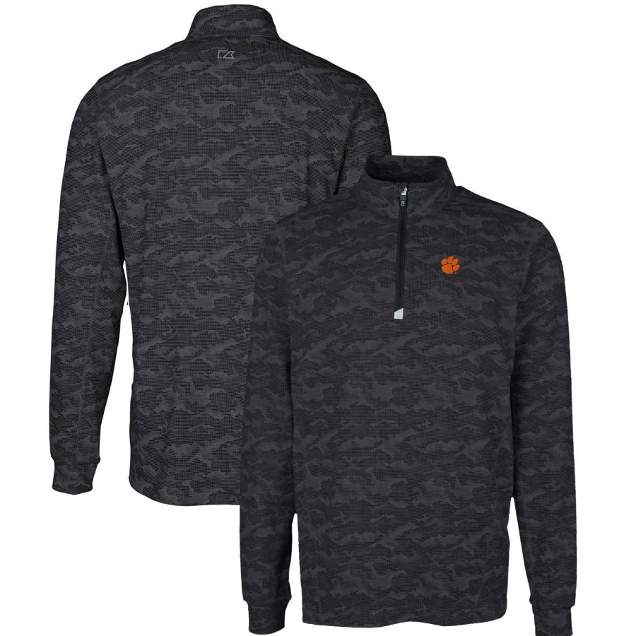 Men * | Best Quality Men'S Cutter & Buck Black Clemson Tigers Big & Tall Traverse Camo Print Stretch Quarter-Zip Pullover Top