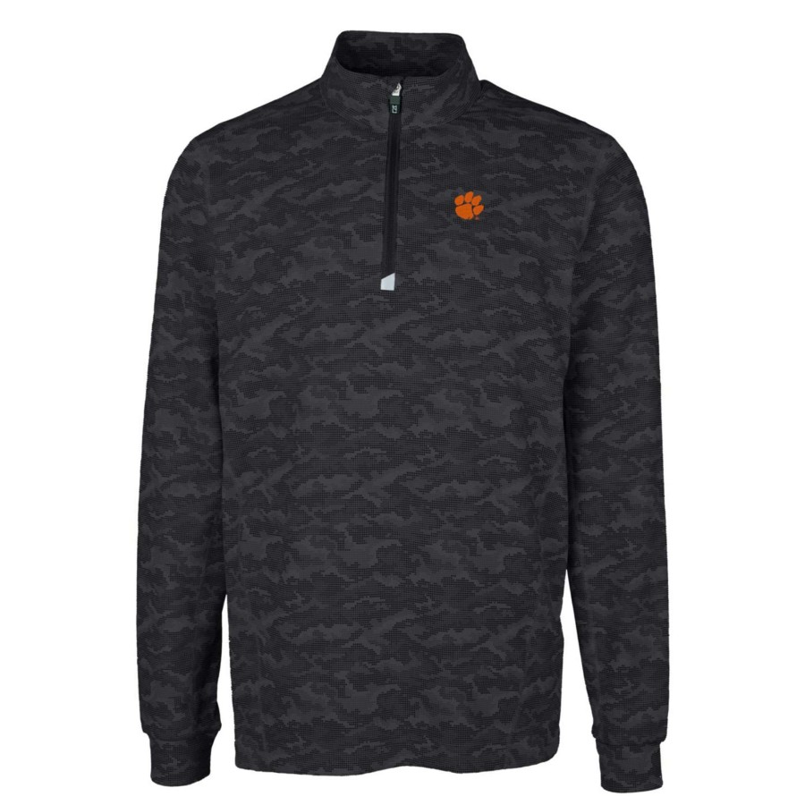 Men * | Best Quality Men'S Cutter & Buck Black Clemson Tigers Big & Tall Traverse Camo Print Stretch Quarter-Zip Pullover Top