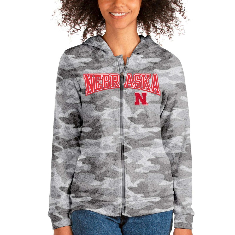 Women * | Reliable Quality Women'S Antigua Camo Nebraska Huskers Absolute Wordmark Full-Zip Hoodie