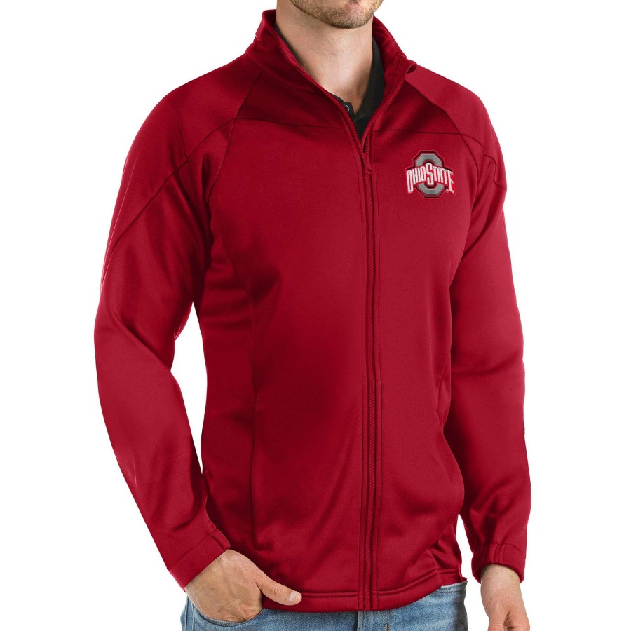 Men * | Bestsellers Men'S Antigua Scarlet Ohio State Buckeyes Links Full-Zip Golf Jacket