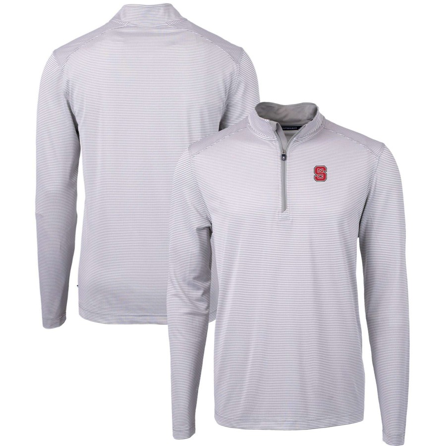 Men * | Online Discount Men'S Cutter & Buck Gray/White Nc State Wolfpack Big & Tall Virtue Eco Pique Micro Stripe Recycled Quarter-Zip Pullover Top