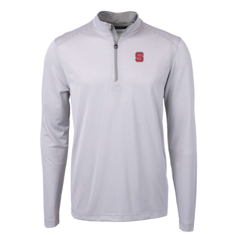 Men * | Online Discount Men'S Cutter & Buck Gray/White Nc State Wolfpack Big & Tall Virtue Eco Pique Micro Stripe Recycled Quarter-Zip Pullover Top