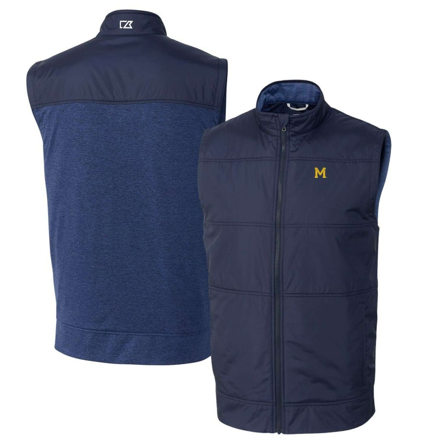 Men * | Reliable Quality Men'S Cutter & Buck Navy Michigan Wolverines Vault Big & Tall Stealth Hybrid Windbreaker Full-Zip Vest