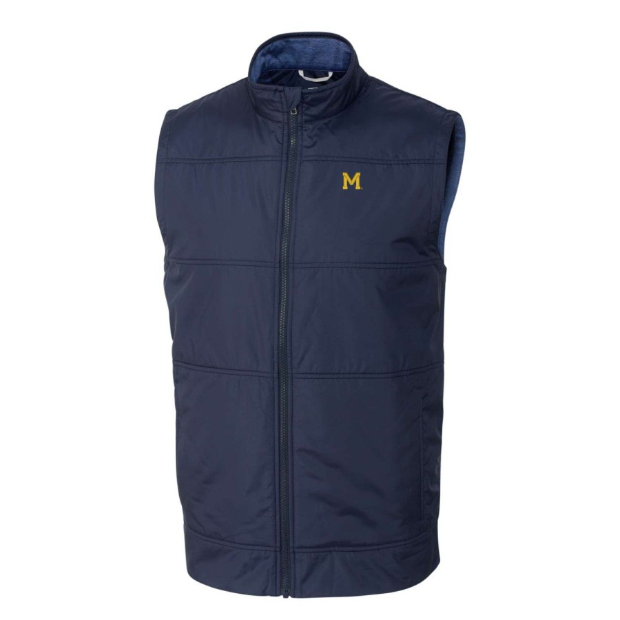 Men * | Reliable Quality Men'S Cutter & Buck Navy Michigan Wolverines Vault Big & Tall Stealth Hybrid Windbreaker Full-Zip Vest