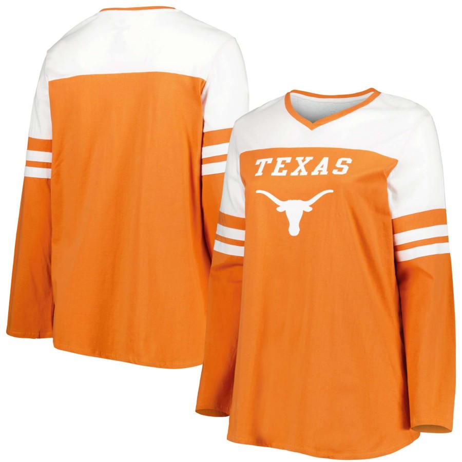 Women * | Online Discount Women'S Texas Orange Texas Longhorns Plus Size Long Sleeve Stripe V-Neck T-Shirt