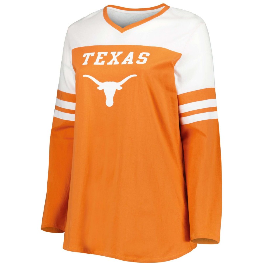 Women * | Online Discount Women'S Texas Orange Texas Longhorns Plus Size Long Sleeve Stripe V-Neck T-Shirt