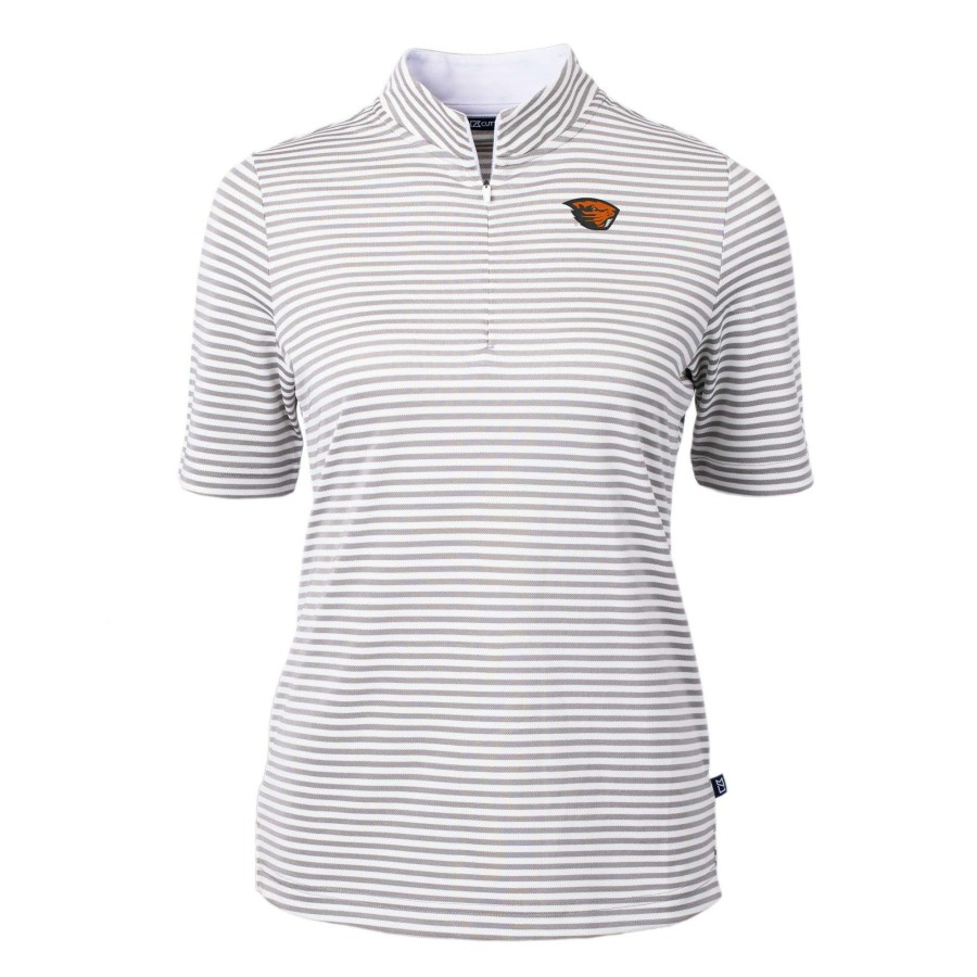 Women * | Reliable Quality Women'S Cutter & Buck Gray Oregon State Beavers Drytec Virtue Eco Pique Stripe Recycled Polo