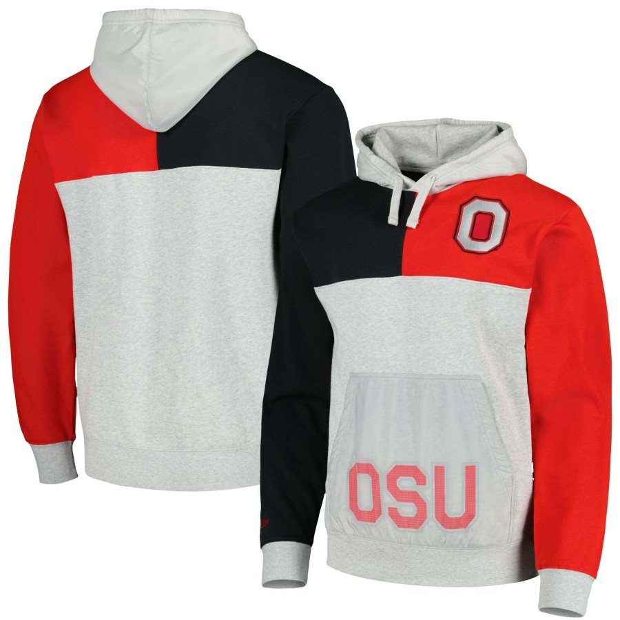 Men * | Sale Online Men'S Mitchell & Ness Heather Gray Ohio State Buckeyes Tie-Breaker Pullover Hoodie