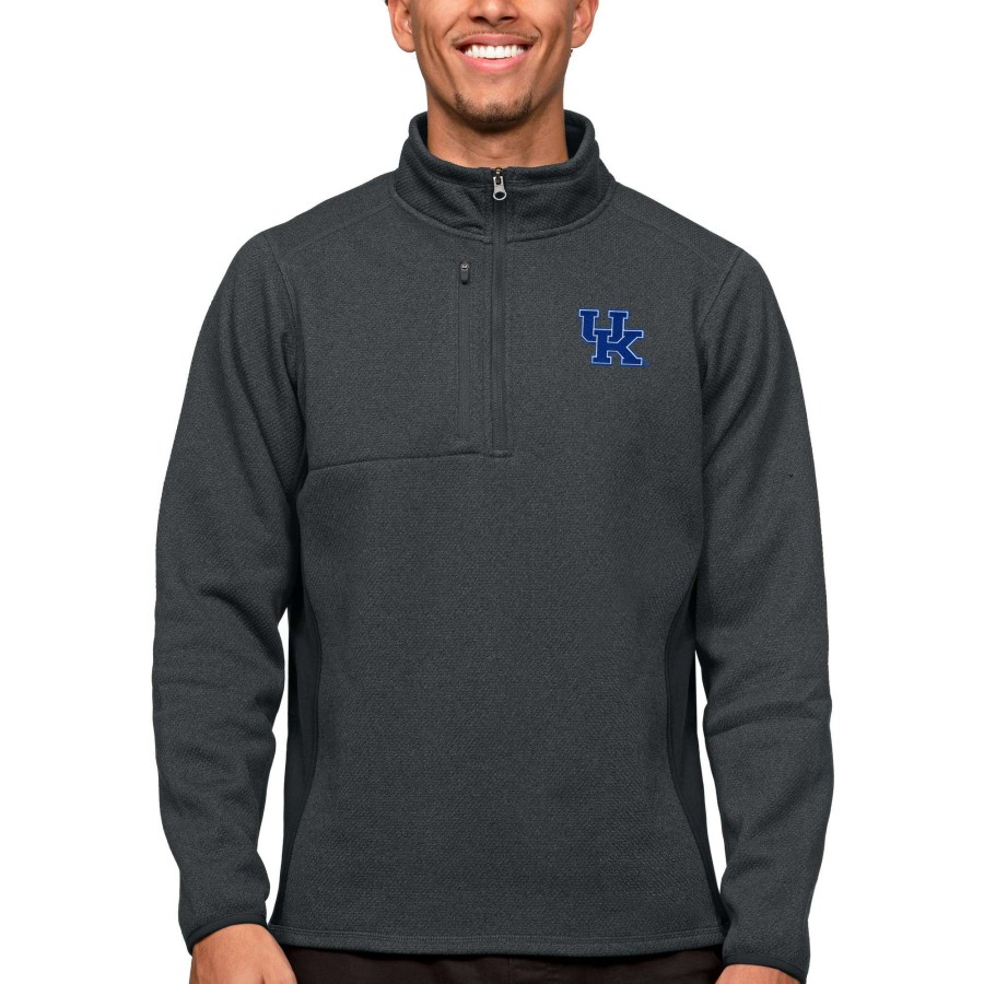 Men * | Reliable Quality Men'S Antigua Heather Charcoal Kentucky Wildcats Course Quarter-Zip Pullover Top