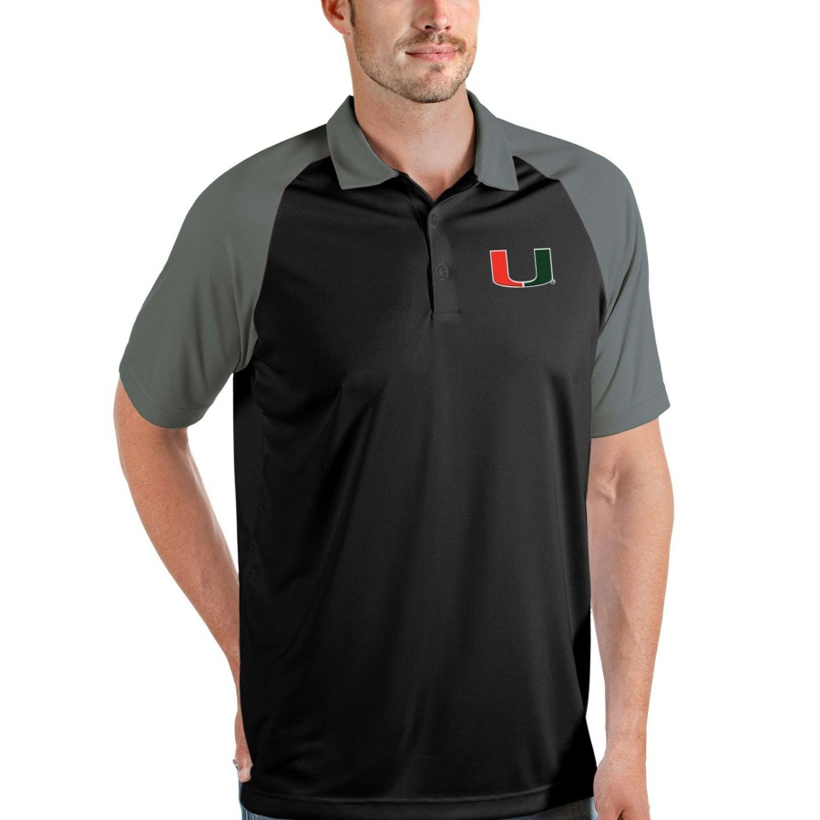 Men * | Lower Prices Men'S Antigua Black/Steel Miami Hurricanes Nova Polo