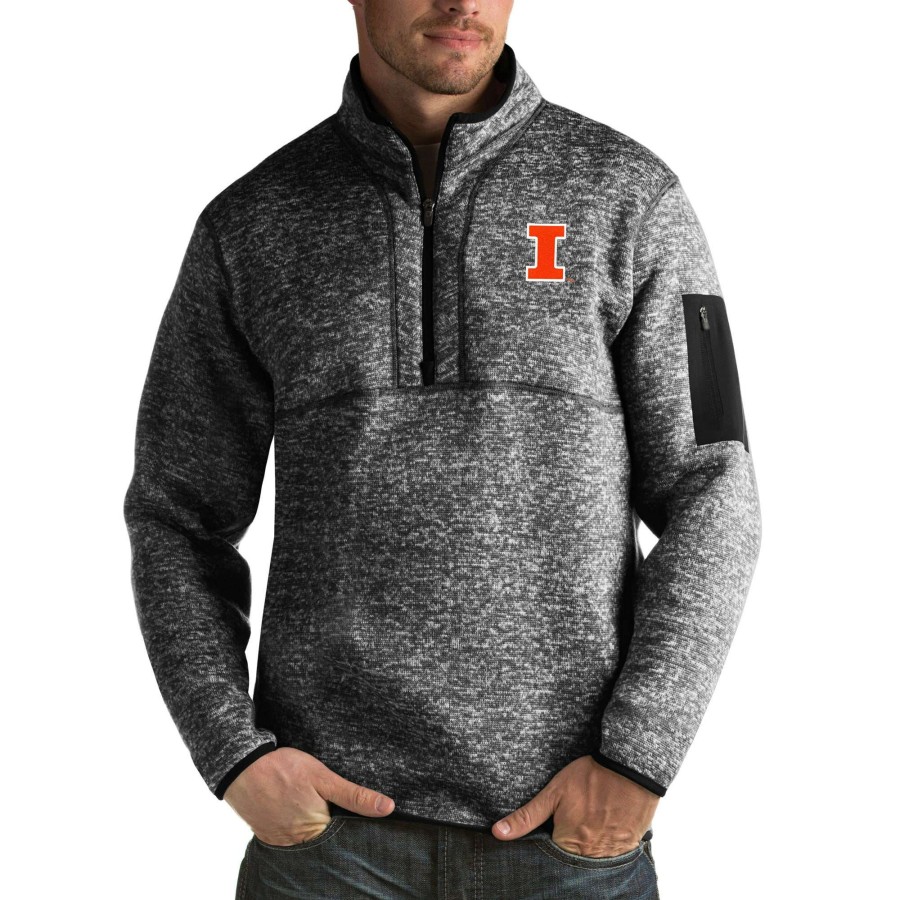 Men * | Reliable Quality Men'S Antigua Black Illinois Fighting Illini Fortune Big & Tall Quarter-Zip Pullover Jacket