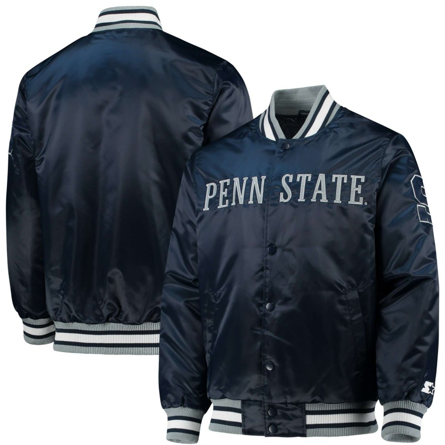 Men * | Lower Prices Men'S Starter Navy Penn State Nittany Lions O-Line Varsity Full-Button Satin Jacket