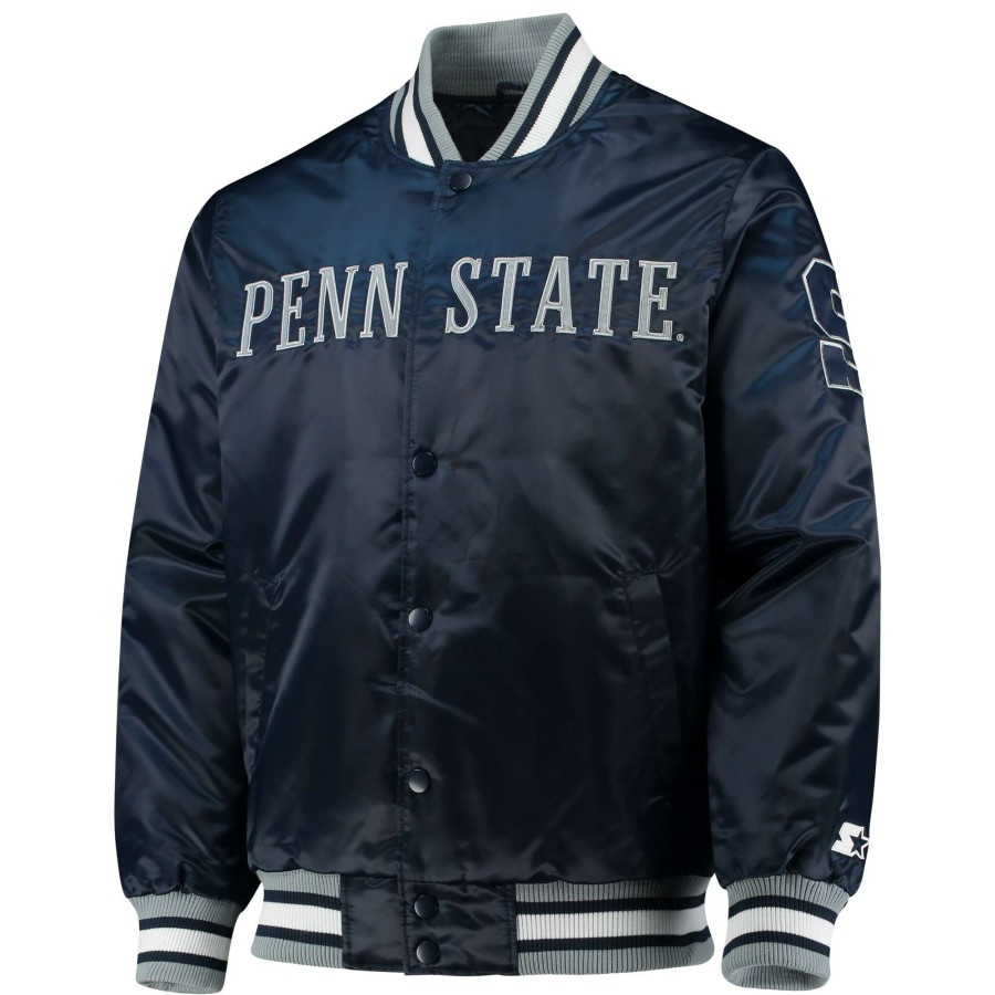 Men * | Lower Prices Men'S Starter Navy Penn State Nittany Lions O-Line Varsity Full-Button Satin Jacket