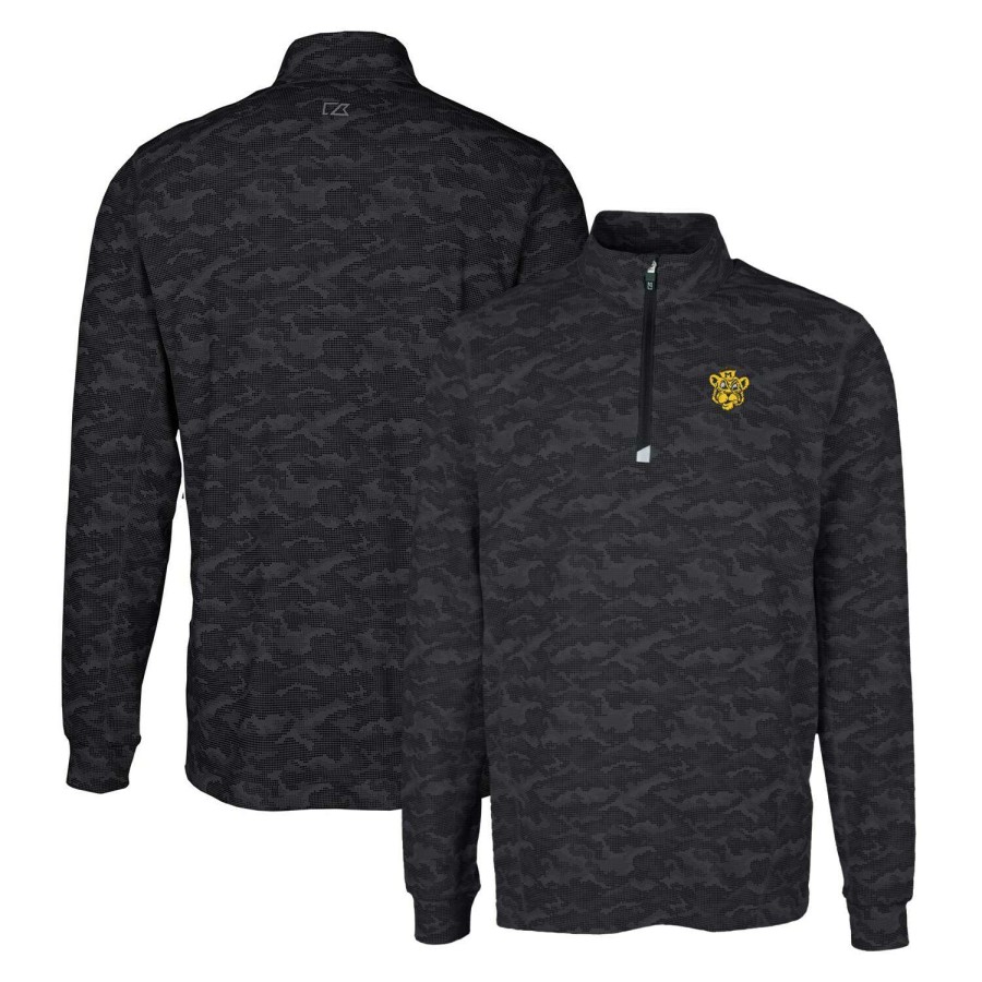 Men * | Limited Edition Men'S Cutter & Buck Black Missouri Tigers Vault Traverse Camo Print Stretch Quarter-Zip Pullover Top