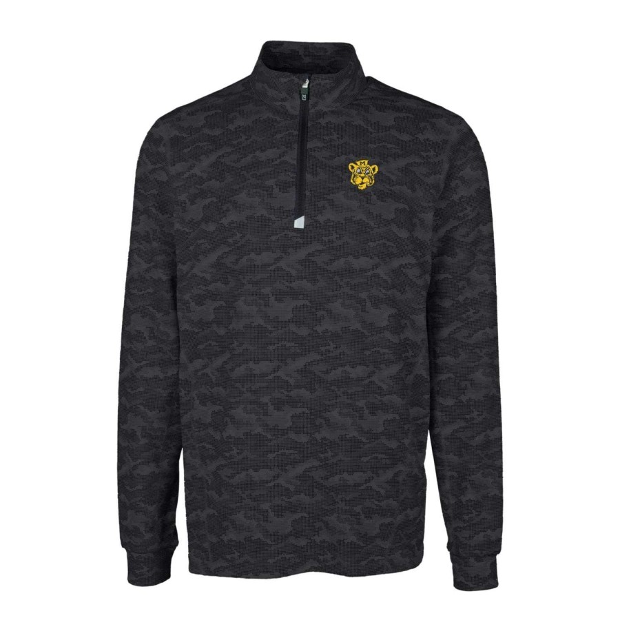 Men * | Limited Edition Men'S Cutter & Buck Black Missouri Tigers Vault Traverse Camo Print Stretch Quarter-Zip Pullover Top