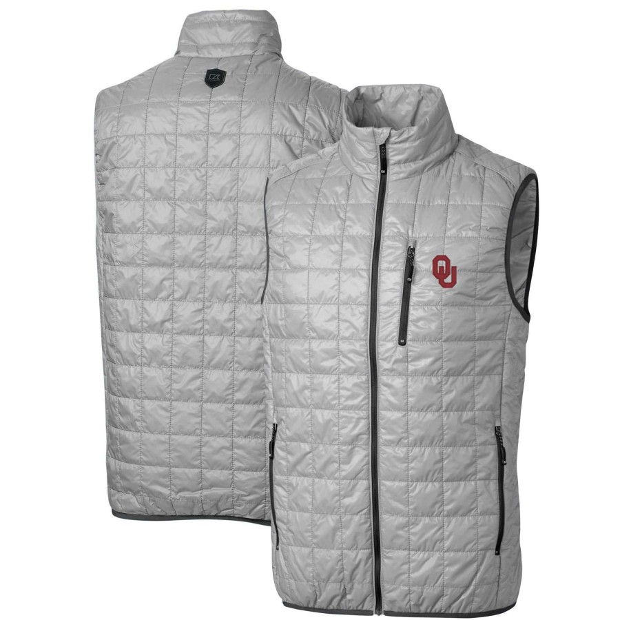 Men * | Original Men'S Cutter & Buck Gray Oklahoma Sooners Big & Tall Rainier Primaloft Eco Full-Zip Puffer Vest