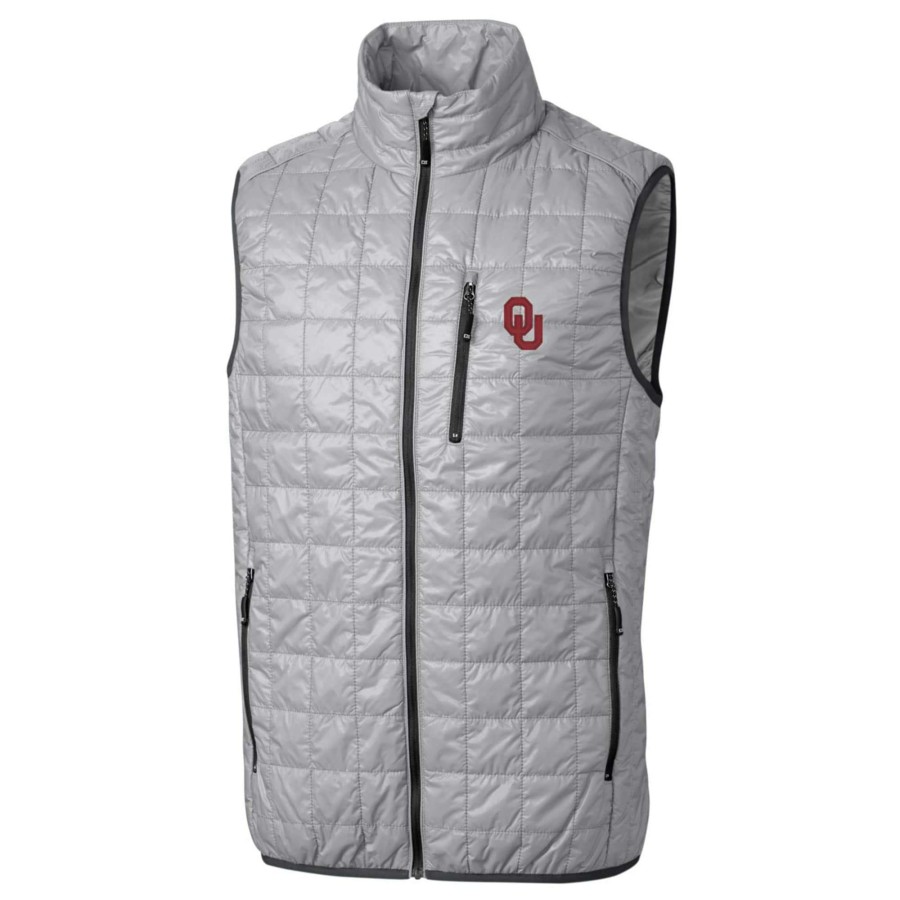 Men * | Original Men'S Cutter & Buck Gray Oklahoma Sooners Big & Tall Rainier Primaloft Eco Full-Zip Puffer Vest