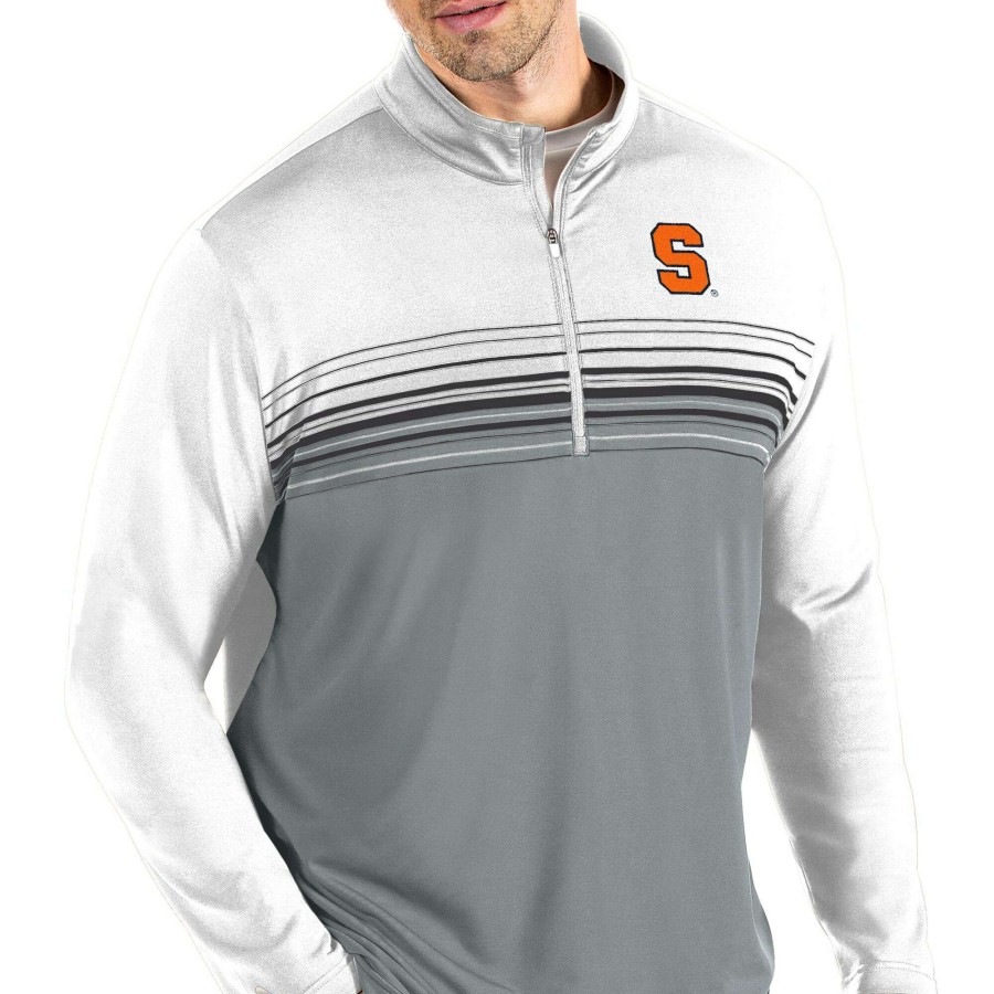 Men * | Lower Prices Men'S Antigua White/Gray Syracuse Orange Pace Quarter-Zip Pullover Jacket