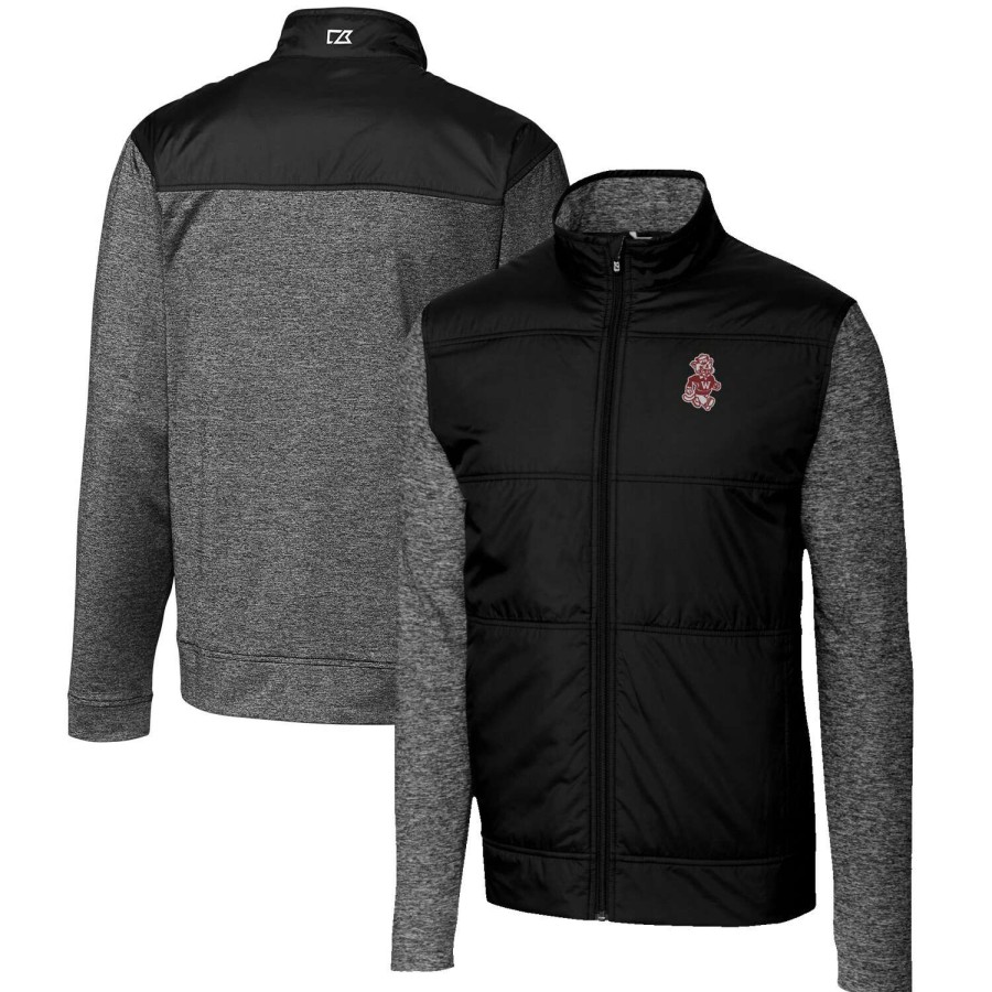 Men * | Clearance Sale Men'S Cutter & Buck Black Washington State Cougars Vault Big & Tall Stealth Hybrid Quilted Full-Zip Windbreaker Jacket