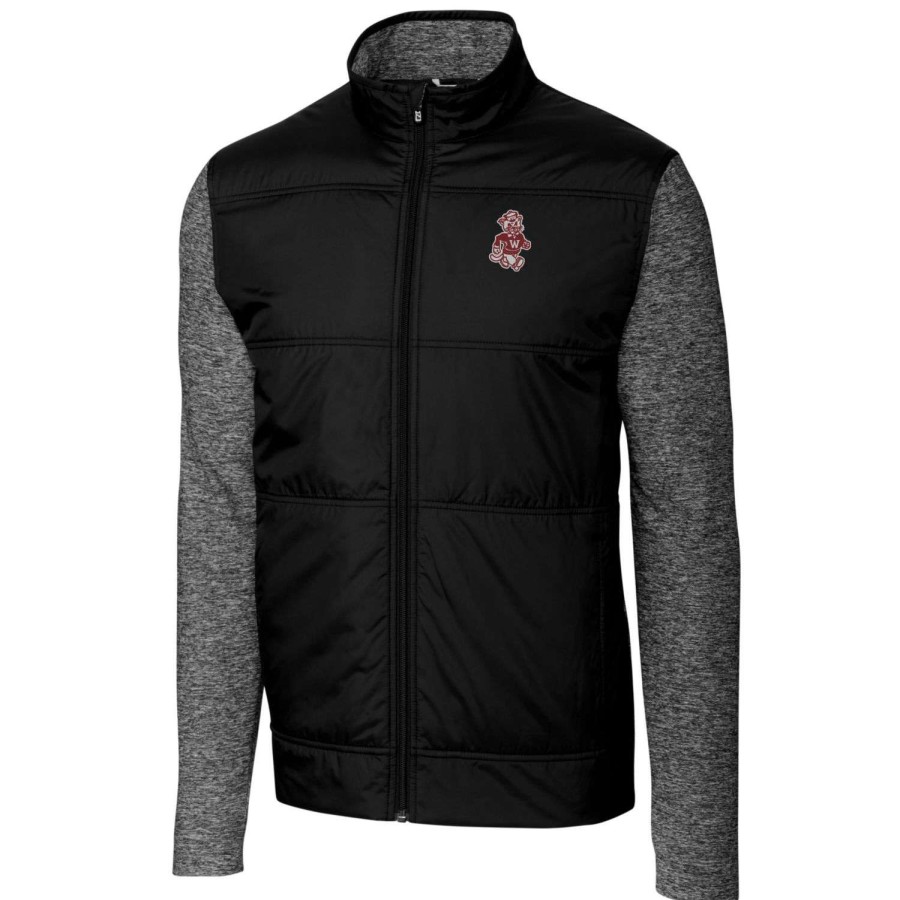 Men * | Clearance Sale Men'S Cutter & Buck Black Washington State Cougars Vault Big & Tall Stealth Hybrid Quilted Full-Zip Windbreaker Jacket